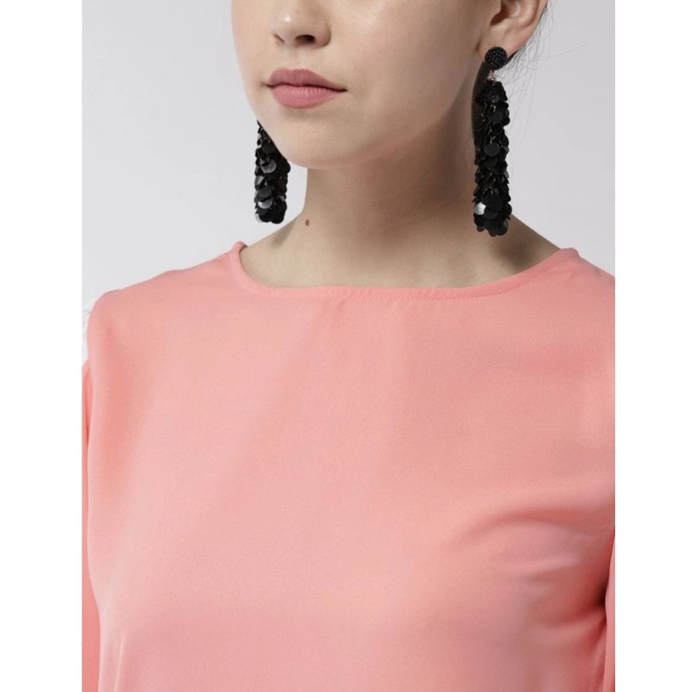 Generic Women's Polyester Colour Block Slit Sleeve Top (Pink)