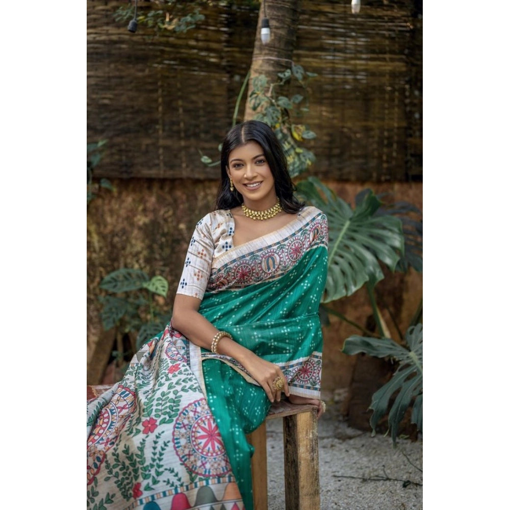Generic Women's Faux_Tussar Geometric_Print Saree With Unstitched Blouse 5.5Mtr (Rama_Green)