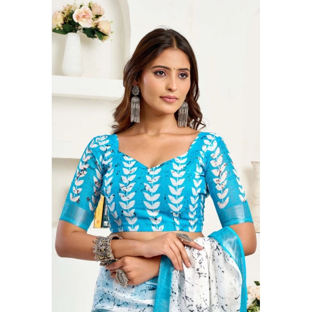 Generic Women's Faux Linen Leaf Print Ready to wear Saree With Unstitched Blouse 5.5Mtr (SkyBlue & White)