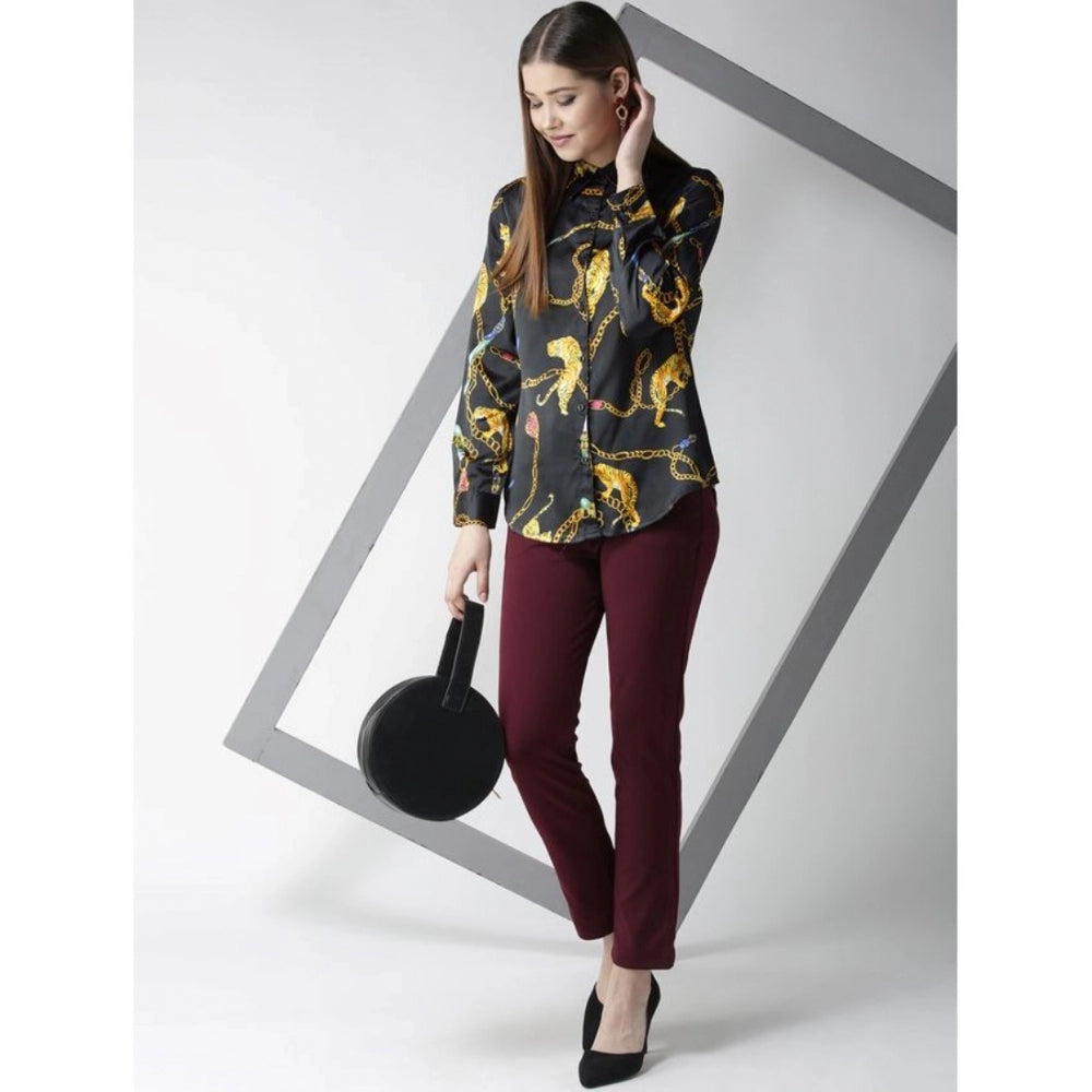 Generic Women's Satin Printed Long Sleeves Standard Length Shirt (Black - Gold)