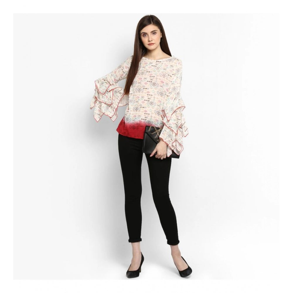 Generic Women's Rayon Crepe Printed Ruffle Sleeve Top (Off White - Red)