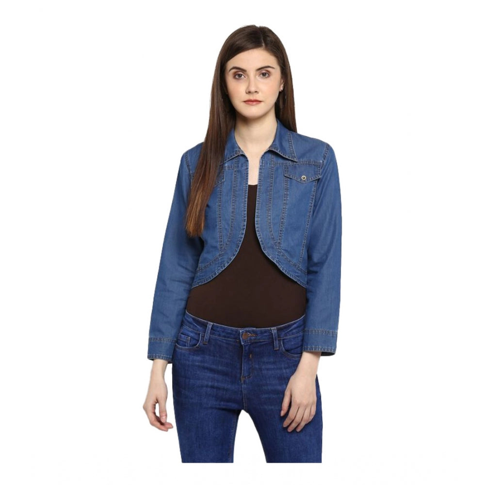 Generic Women's Denim Solid 3-4th Sleeves Shrug (Blue)