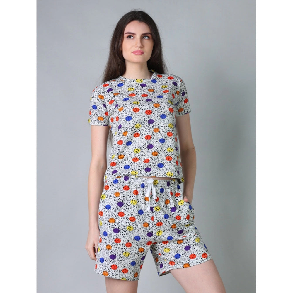 Generic Women's Cotton Blended Printed Round Neck Half Sleeve Top - Shorts Set (Grey)