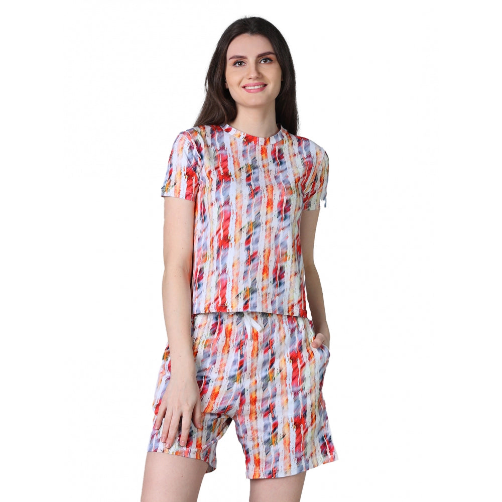 Generic Women's Cotton Blended Printed Round Neck Half Sleeve Top - Shorts Set (Red)