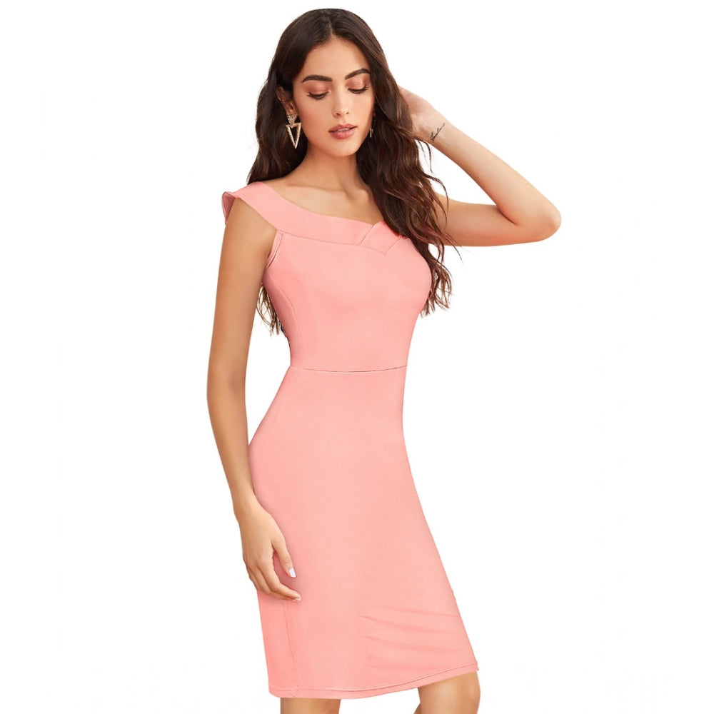 Generic Women's Knitting stretchable Solid Round Neck Sleeveless Dress (Peach)