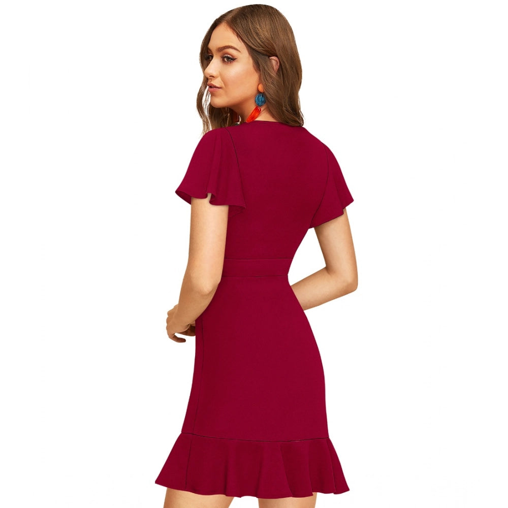 Generic Women's Knitting stretchable Solid V Neck Flaired Sleeve Dress (Maroon )