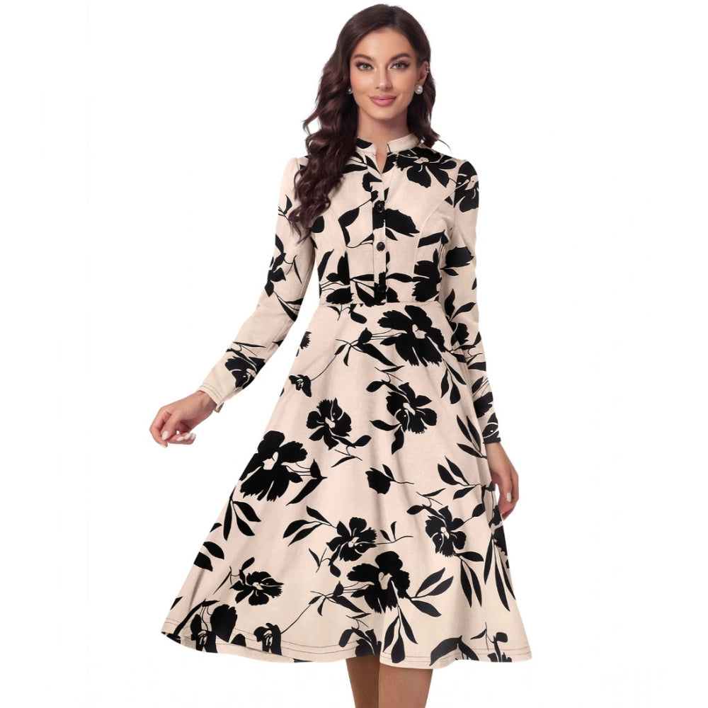 Generic Women's Knitting Printed V-Neck Full Sleeve Dress (Cream)
