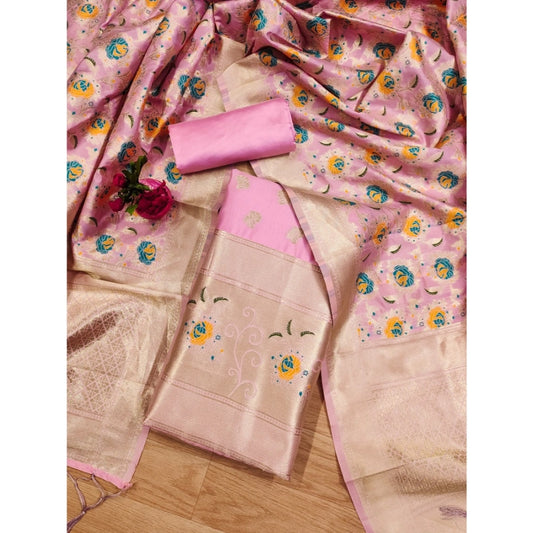 Generic Women's Banarasi Silk Printed Unstitched Salwar Suit Material With Dupatta (Pink, 3Mtrs)