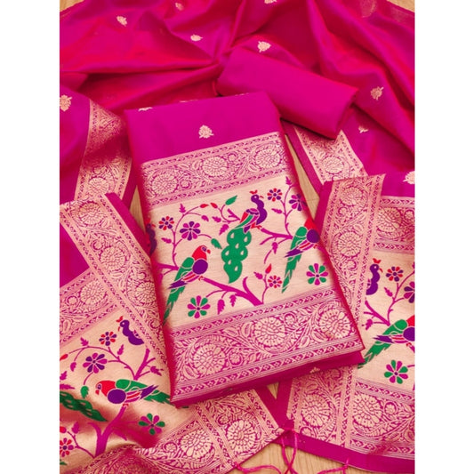 Generic Women's Banarasi Silk Printed Unstitched Salwar Suit Material With Dupatta (Pink, 3Mtrs)
