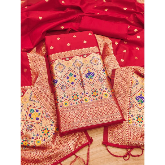 Generic Women's Banarasi Silk Printed Unstitched Salwar Suit Material With Dupatta (Red, 3Mtrs)