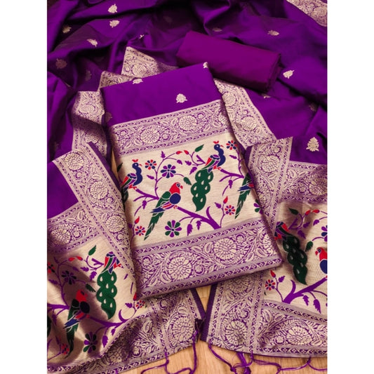 Generic Women's Banarasi Silk Printed Unstitched Salwar Suit Material With Dupatta (Purple, 3Mtrs)