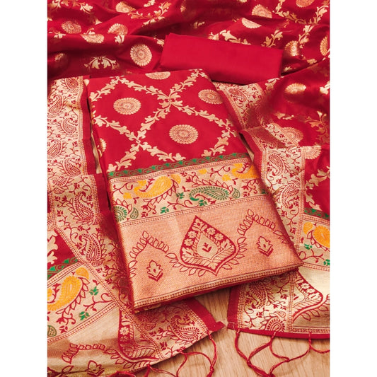 Generic Women's Banarasi Silk Printed Unstitched Salwar Suit Material With Dupatta (Red, 3Mtrs)