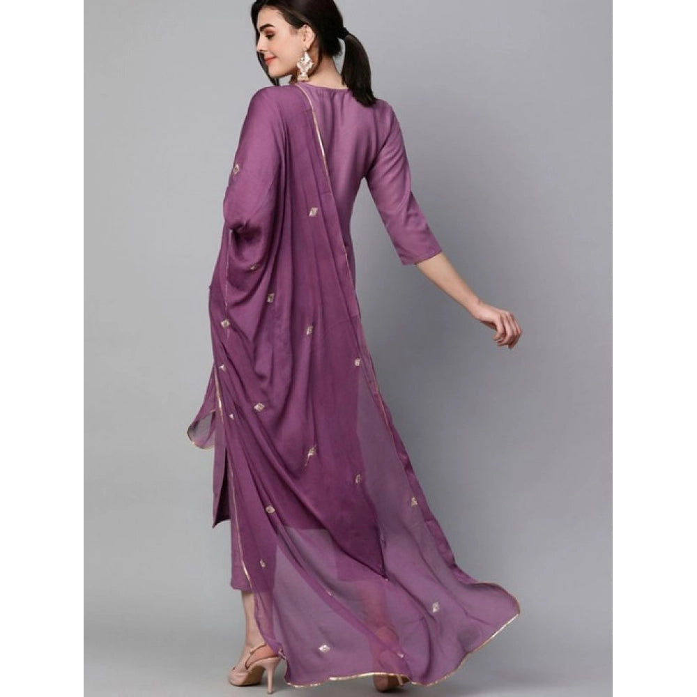 Generic Women's Tesla Silk Embroidered U-Neck Kurti With Pant Dupatta Set (Light Purple)
