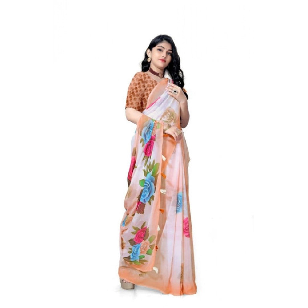 Generic Women's Georgette Floral Printed Saree With Unstitched Blouse 5.5Mtr (Orange)